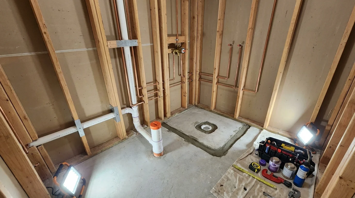 Bathroom rough-in plumbing during remodel by Johns Plumbing LLC in Ledyard