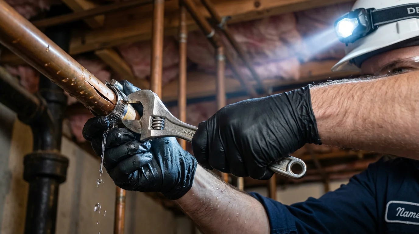 Emergency pipe clamp repair being performed by a Johns Plumbing LLC plumber in Ledyard