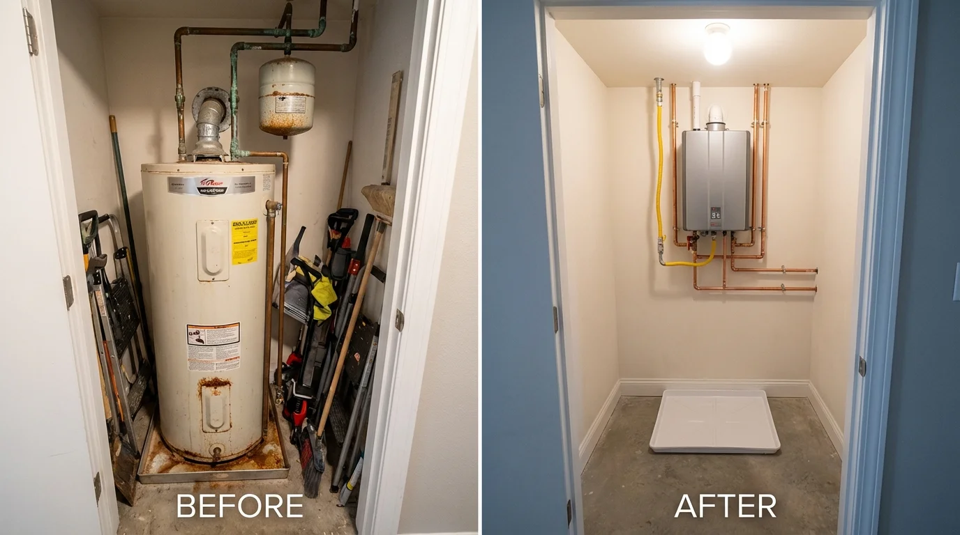 Tank water heater versus wall-mounted tankless unit comparison for Ledyard, CT homeowners