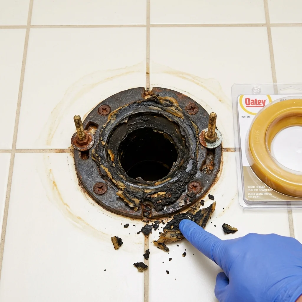 Failed wax ring showing water seepage at the base of a toilet in a Ledyard, CT home
