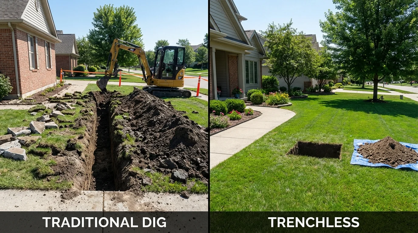 Trenchless sewer repair with minimal yard damage versus traditional excavation in Ledyard, CT