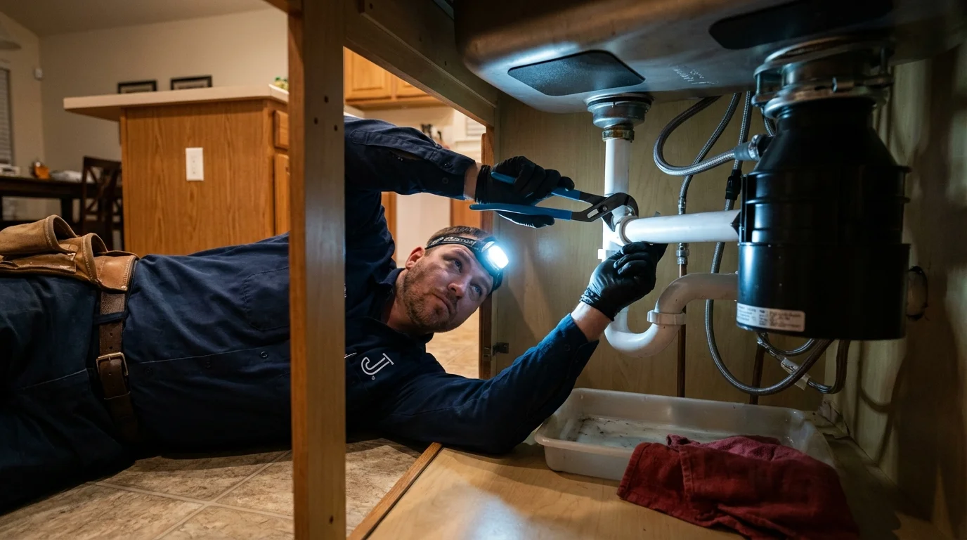 P-trap and supply line connections under a kitchen sink showing a common leak point in Ledyard, CT